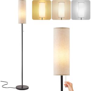 Alldio Floor Lamp for Living Room, Black Tall Standing Lamps with Pull Chain Switch, Linen Lampshade Decor for Bedroom, 3-Color Temperature E26 LED Bulb Included