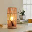 Bamboo Rattan Table Lamp for Living Room, Boho Handmade Woven Cylinder Lampshade Standing Lamp with Natural Wooden Base, Industrial Wicker Desk Light Decoration for Bedroom, Farmhouse