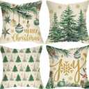 Merry Christmas Pine Tree Decorative Throw Pillow Covers 18 x 18 Set of 4, Xmas Joy Balls Gold Snowflake Porch Outdoor Home Decor, Winter Holiday Sofa Couch Cushion Case