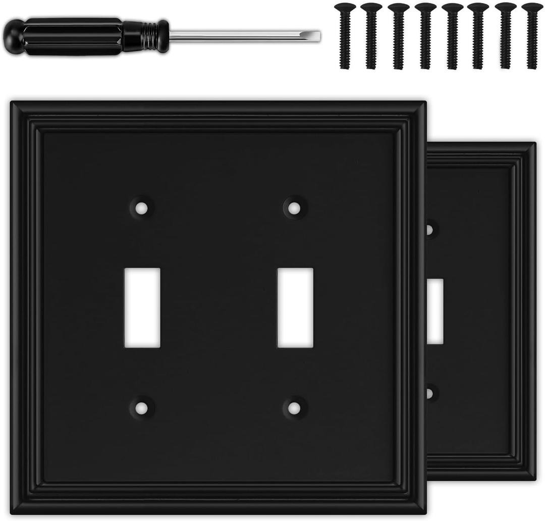 Matte Black Decorative Double Toggle Light Switch Covers Wall Plate, Natural Material Switch Plate Covers - Modern Style (2 Gang Toggle 2 Pack)