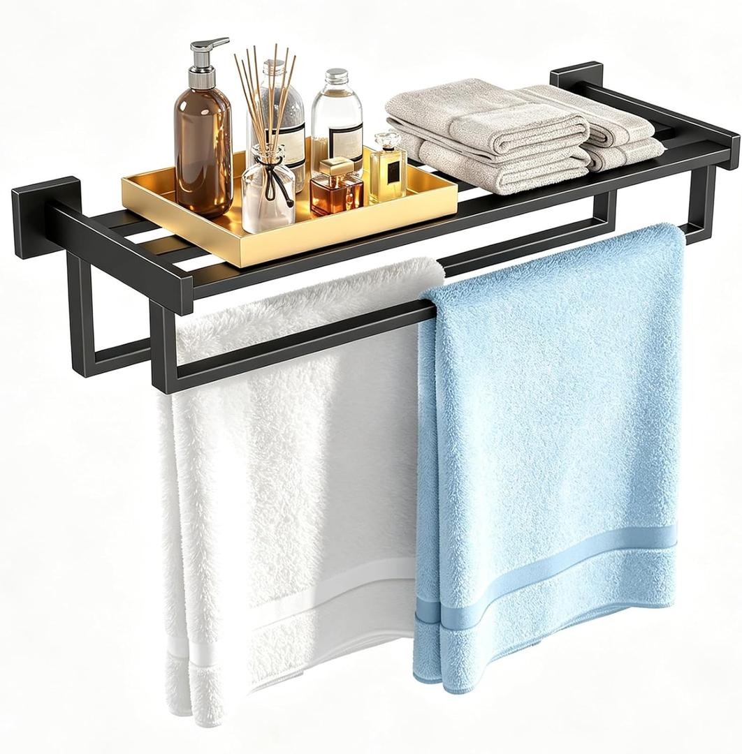 Towel Racks with Shelf for Bathroom Wall Mounted, 24 Inch, Black