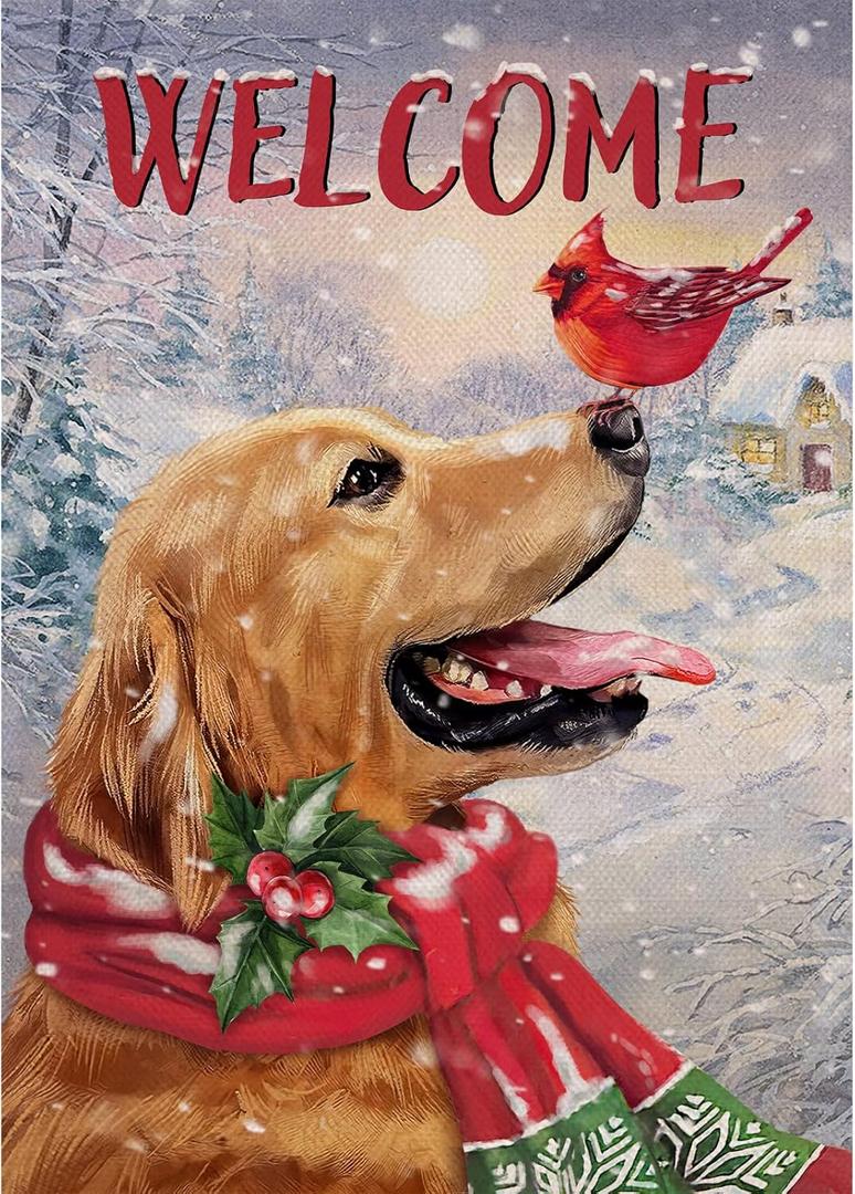 Selmad Welcome Winter Golden Retriever Dog Decorative Burlap Garden Flag, Puppy Cardinal Pet Home Yard Small Outdoor Decor, Christmas Snowy Outside Decoration Double Sided 12 x 18
