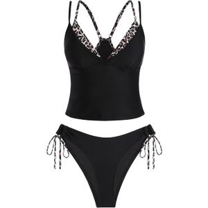 ZAFUL Women Double Layer Tankini Set V Neck Color Block Swimsuit Side Tie Two Piece Bathing Suit, XL