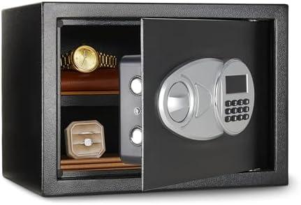 Amazon Basics Steel Security Safe and Lock Box with Electronic Keypad, Secure Documents Storage, Black, 0.5 Cubic Feet, 13.8"W x 9.8"D x 9.8"H, Removable Shelf
