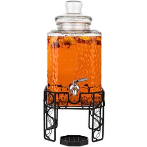 2.5 Gallon Glass Beverage Dispenser with Stainless Steel Spigot, Metal Stand, and Drip Tray  Mason Jar Style Drink Dispenser for Parties, Iced Tea, Water, Lemonade, and More