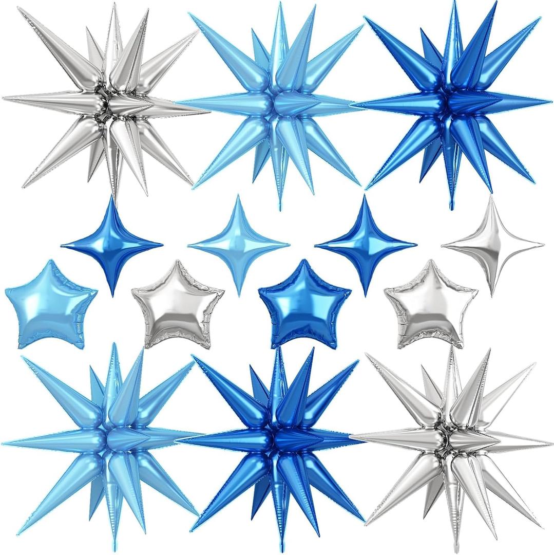 14pcs Blue Silver Star Balloons, Mixed Star Foil Balloon, 22Inch Explosion Stars Balloons with 10Inch Stars Shaped Balloon, for Boys Birthday Baby Shower Wedding Winter Holiday Party Decorations
