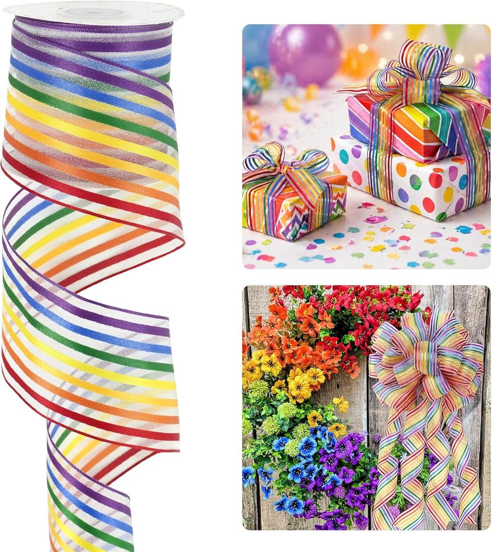 HUIHUANG Rainbow Stripe Sheer Wired Ribbon 2.5 inch Multi-Colored Stripes Wire Edge Ribbon for Gift Wrapping, Bows Making, Wreath, Crafts, Birthday, Pride Party Decor - 10 Yards