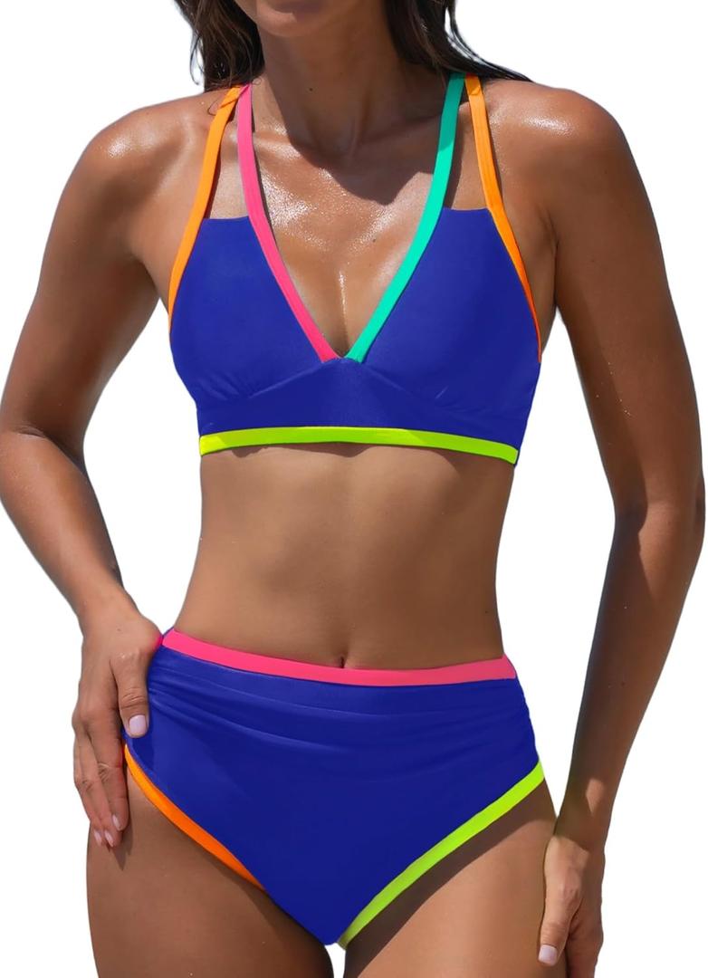 popvil High Waisted Bikini Sets: Neon Swimsuits for Women Tummy Control Push Up Two Piece High Rise Sunny Sculpt Bathing Suits Ladies Summer Beach (Royal Blue) Large