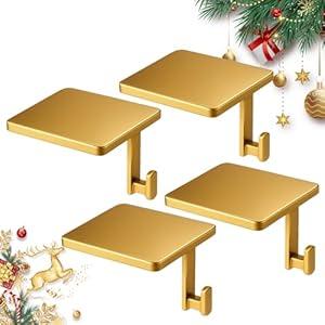 POLLY WALES Christmas Stocking Holders for Mantle Set of 4, Mantle Stocking Hangers Hanging Hooks, Stocking Hanger Base, Stocking Holder Hooks for Fireplace Tabletop Shelf Christmas Decoration (Gold)