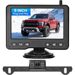 Backup Camera for Car Easy Setup: 5" 1080P HD Dual-Channel Monitor, No-Delay Wireless Signal No Drill Waterproof IR Night Vision Dual Brackets Parking Lines Rear View Camera for Car/SUV/Pickup/Van