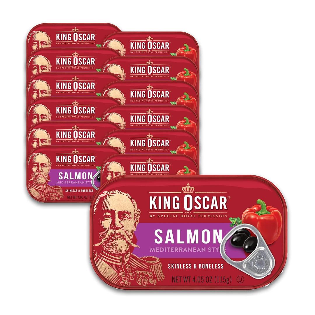 King Oscar Premium Skinless & Boneless Atlantic Salmon in Olive Oil, Mediterranean Style, 4.05 oz Cans, Pack of 12, Tinned Salmon (EXP 03/17/31)