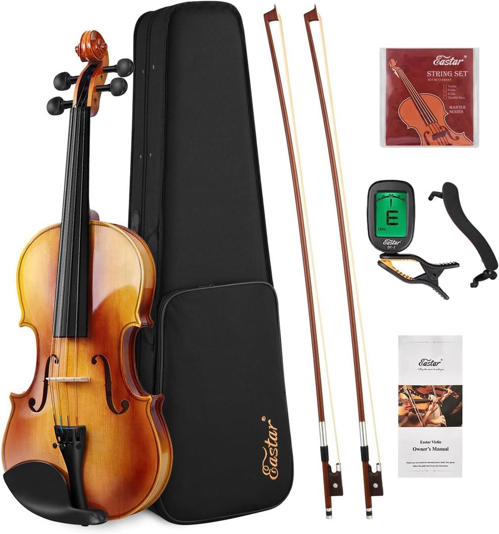 Eastar 4/4 Violin Set Full Size Fiddle Solidwood for Adults with Hard Case, Shoulder Rest, Rosin, Two Bows, Clip-on Tuner and Extra Strings, EVA-330