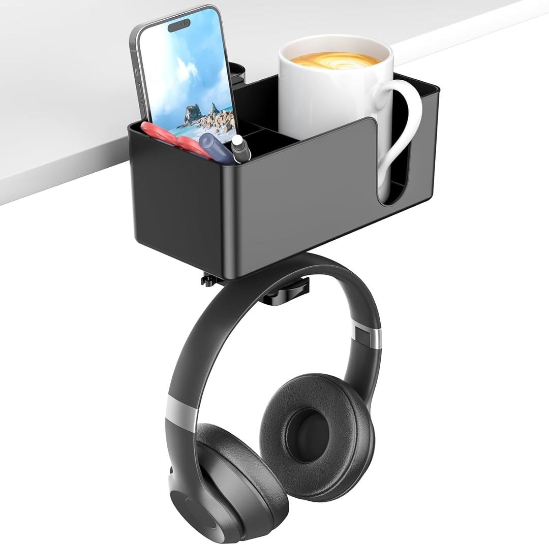  4 in 1 Desk Cup Holder - Clamp on Under Desk Headphone Hanger - Rotating Headphone Holder Detachable Pen Cup Holder Desktop Storage for Cup, Phone and Pen(Black)