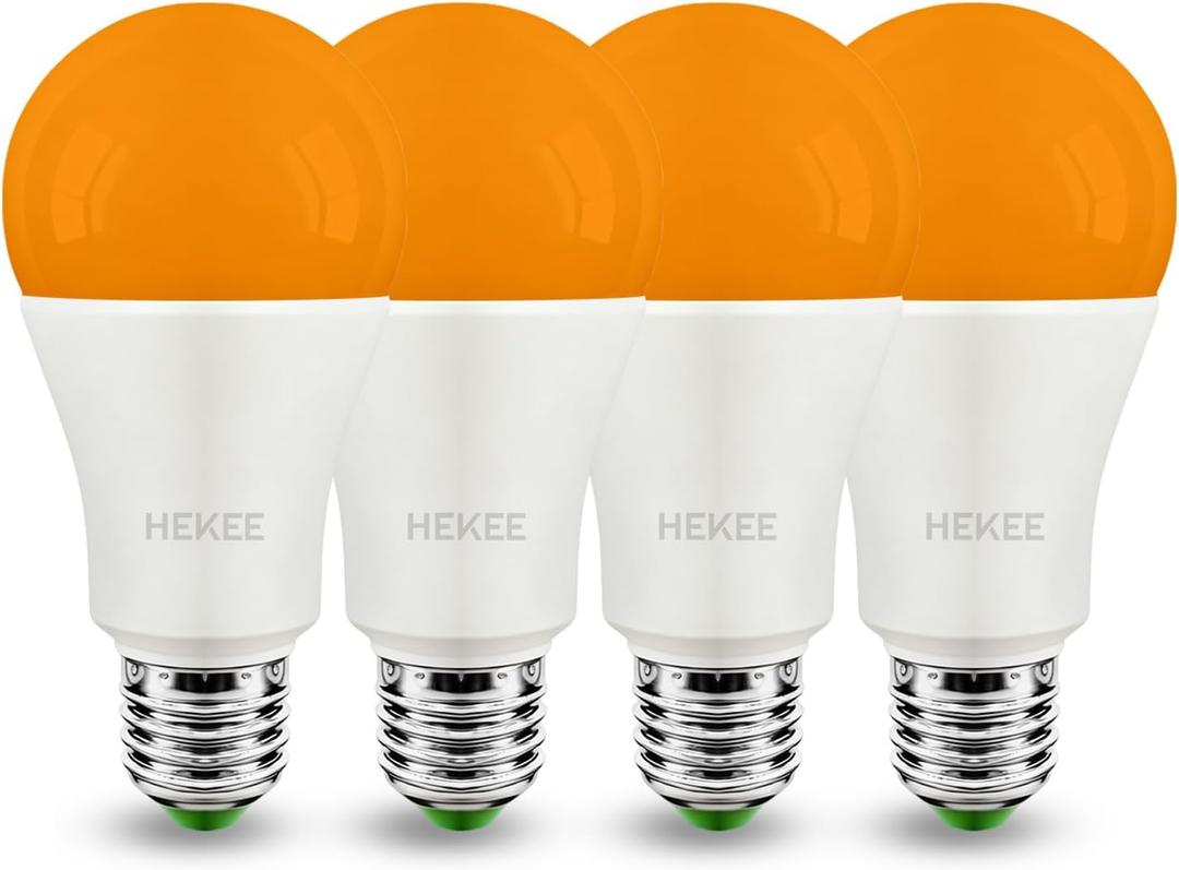 HEKEE Dusk to Dawn Light Bulbs A19 8W 900 Lumens, Outdoor Porch Lights, 60 Watt Equivalent, Amber LED Orange-Yellow Sensor Bulb, Security Bulb(Auto On/Off), E26 Screw Base(4 Pack) (2000k Warm Amber Glow)