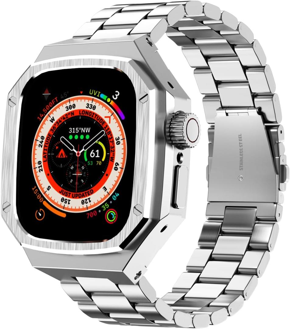 Luxury Aluminum Case with Stainless Steel Band for Apple Watch Ultra 3/2/1 Titanium 49mm, Rugged Metal Military Protective Cover Protector, Tactical Heavy Duty Protection for Men iWatch, Silver