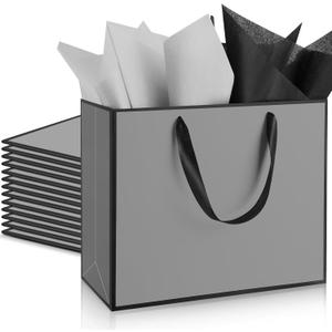 ReliThick 12 Pack 12 Pack Metallic Paper Gift Bag with Handles and Tissue Paper 11.8 x 10 x 4'' Thank You Favor Bag for Wedding Bridesmaid Groomsmen 5 Senses Birthday Gifts (Gray,Black)