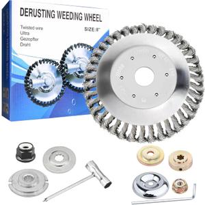 8 inch Steel Wire Weed Wheel Brush Cutter Trimmer Head, Universal Weed Eater Attachments, Unbreakable Wired Trimmer Blade Replacement with 2 Pack of Adapters kit for Weed Wacker