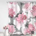 SVBright Pink Gray Flower Shower Curtain, Peony Floral Spring Watercolor Shower Curtain Woman Rose Nature Abstract Modern 60Wx72L Inch 12 Pack Hooks Polyester Waterproof Fabric Bathroom Panels