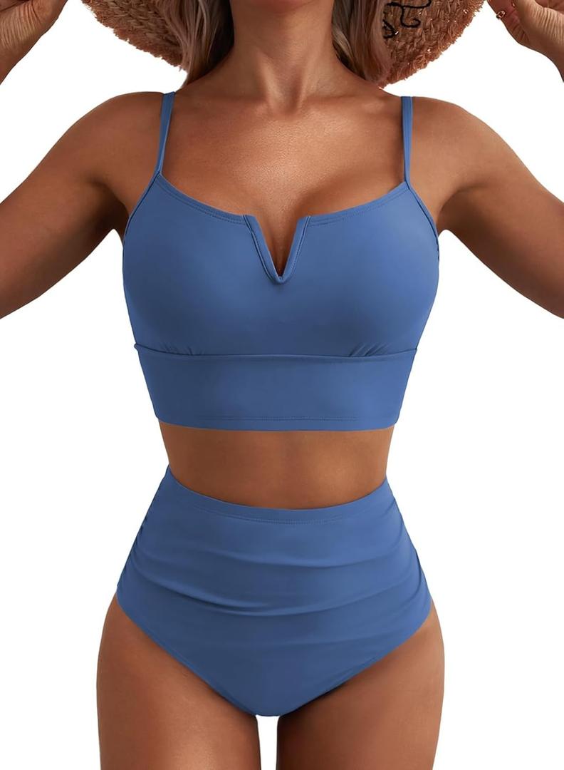 Herseas 2 Piece Swimsuit for Women High Waisted Leg Cheeky Bikini V Wire Modest Bathing Suit Summer Vacation Trendy Swimwear Misty Blue Medium