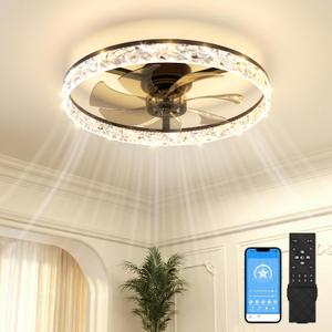 VOLISUN Low Profile Ceiling Fan with Lights and Remote, No Assembly, 24in Modern Ceiling Fans Flush Mount, 3000K-6500K Dimmable Bladeless LED Fan Light, Black Fandelier Ceiling Fans for Bedroom