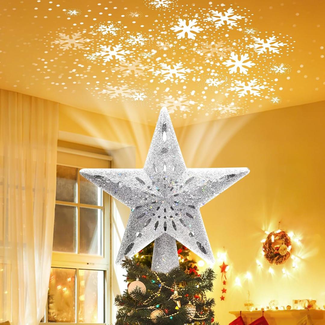 Christmas Tree Topper Star: Lighted with 6 Projected Patterns Snowflake Projector Lights-3D Hollow Glitter LED Magic Rotating Light for Christmas Tree Decorations Ornament Silver