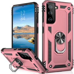 IKAZZ for Galaxy S21 Case,Military Grade Shockproof Heavy Duty Protective Phone Cover Pass 16ft Drop Test with Magnetic Kickstand Car Mount Holder Rose Gold