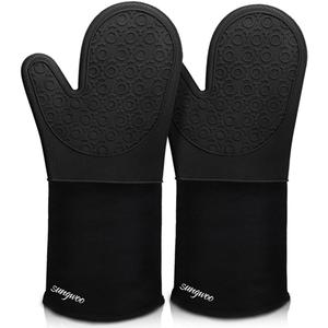 sungwoo Extra Long Silicone Oven Mitts, Heat Resistant Oven Gloves with Quilted Liner Non-Slip Textured Grip Perfect for BBQ, Baking, Cooking and Grilling - 1 Pair 14.6 Inch Black (14.6in Oven Mitts)