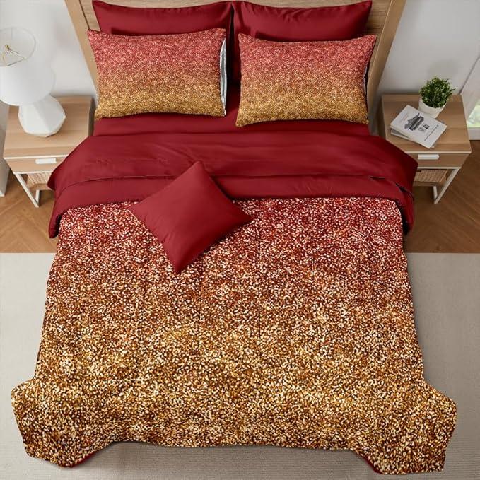 7 Pcs Queen Size Comforter Set with Pillowcases & Shams, Glitter Gold and Red Ombre Pattern Bedding, Luxurious Bed in a Bag with Flat and Fitted Sheets for Elegant Bedroom Décor