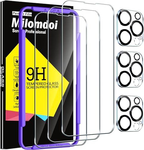 Milomdoi 3 Pack Screen Protector for Apple iPhone 14 Pro Max with 3 Pack Tempered Glass Camera Lens Protector, Ultra 9H Accessories, Case Friendly, Mounting Frame, 2.5D Curved, Transparent,5 pcs