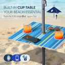 PASAMIC 7ft Beach Umbrella for Sand Featuring a 23'' Built-in Table with Sand Anchor & Tilt, UPF 50+ Protection Beach Umbrellas for Heavy Duty Wind Portable with Carry Bag and Hook, Light Blue Stripes