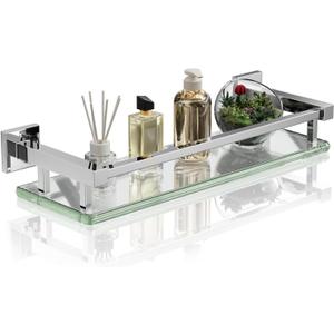 Alise Bathroom Glass Shelf with Stainless Steel Railing, Polished Chrome Small Tempered Glass Floating Wall Shelf Over The Toilet, 16 inch
