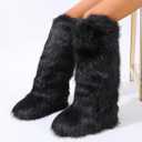 YXCFEWD Faux Fur Boots for Women Winter Knee High Furry Boots Fuzzy Fluffy for Girls Flat Snow Long Boots (Black)