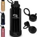 40 oz Metallic Black Insulated Water Bottle with Straw & Spout Lids Stainless Steel Thermo Bottle, Wide Mouth Leakproof Design, Double Wall Cold 24 H Hot 12 H, Silicone Boot for Gym