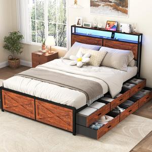 Queen Size Bed Frame with 12 Storage Drawers, LED Headboard with Charging Station, Metal Platform Bed Frame, No Box Spring Needed, Noise-Free, Stable and Solid, Brown
