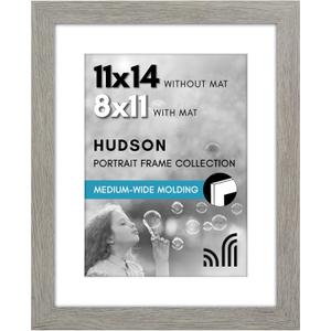 Americanflat 11x14 Picture Frame with Shatter-Resistant Glass - Use as 8x11 Frame with Mat or Display 11x14 Photo Without Mat - Hudson Collection - Wide Picture Frames for Wall Display - Grey Wood