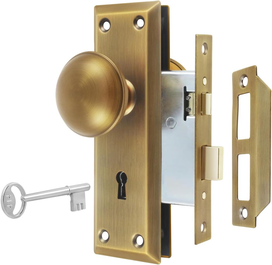 Mortise Lock Set for Interior Door, Vintage Antique Brass Door Knobs with Lock and Skeleton Key, Replacing Old Style Doors