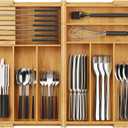 BAMEOS Expandable Silverware Drawer Organizer with Removable Knife Blocks, Bamboo Kitchen Utensil Holder from 21" to 36", Large Cutlery Tray with Divider for Forks, Spoons, Knives