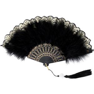 Fumwase Foldable Feather Fan Embroidered Flower Handheld Chinese Folding Fans 1920s Feather Fan Flapper Hand Fan for Costume Party Wedding Dancing Decoration (Black)