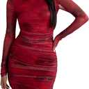 Milumia Women's Tie Dye Ruched Round Neck Long Sleeve Dress Bodycon Mini Dresses (X-Large, Red Multi)