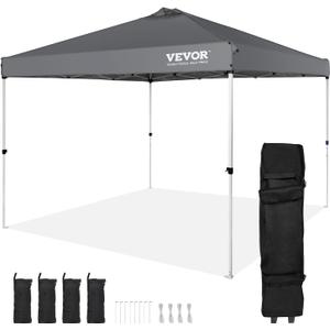 VEVOR Pop Up Canopy Tent, 10 x 10 ft, 250 D PU Silver Coated Tarp, with Portable Roller Bag and 4 Sandbags, Waterproof and Sun Shelter Gazebo for Outdoor Party, Camping, Commercial Events, Dark Gray