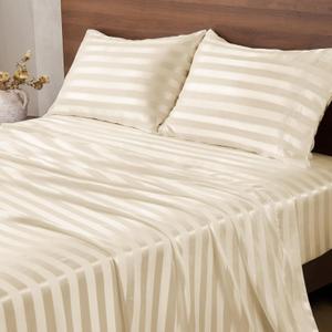 BEDELITE Satin Sheets Queen Size, Luxury Jacquard Striped Beige Bedsheets Set with Elastic Corner Straps, Similar to Silk Sheets Set 4 PC with 1 Deep Pocket Fitted Sheet, 1 Flat Sheet, & 2 Pillowcases