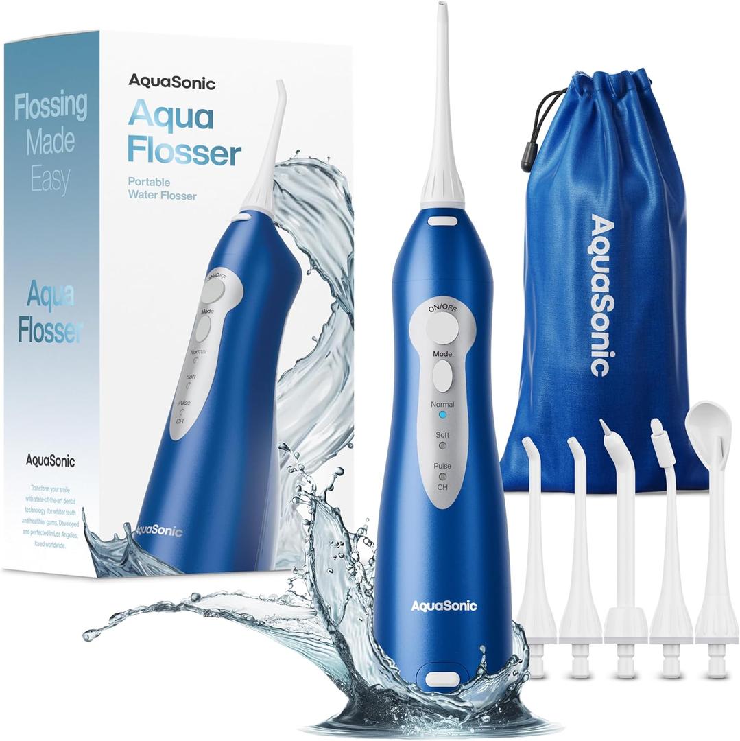 AquaSonic Water Flosser - Cordless Rechargeable Water Flossers for Teeth Cleaning - Waterproof Aqua Flosser, Portable Oral Irrigator for Dental Cleaning with 5 Jet Tips  Braces Home Travel (Sapphire Blue)
