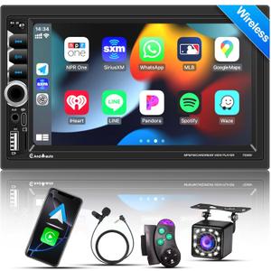 Wireless Apple CarPlay Double Din,7" Car Bluetooth 5.2,FM Car Radio,IPS 1024*600 Touch Screen Car Stereo,Backup Camera,Android Auto,DSP Subwoofer,USB,SWC,MIC,Car Audio Receiver,Car Play,178*100mm,180W