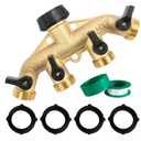 Hourleey Brass 4 Way Heavy Duty Garden Hose Splitter, Water Hose Splitter for 3/4" Hose Connector, Hose Faucet Splitter Hose Spigot Adapter 4 Valves with 4 Rubber Washers & Tape