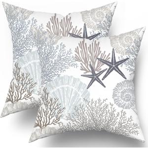 Ocean Coral Pillow Covers 16x16 Inch Nautical Coastal Throw Pillows Set of 2 Beach Seashell Starfish Pillow Case Soft Cotton Square Cushion Covers for Home Couch Sofa Patio Bedroom, Brown
