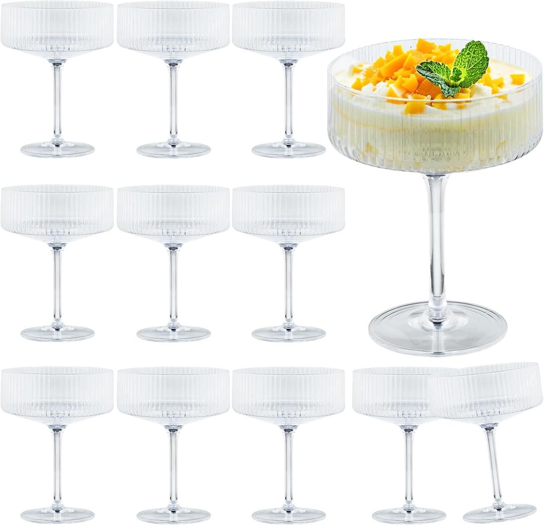 12 Pieces Martini Glasses 10.5oz Plasitc Ribbed Coupe Glasses Champagne Shatterproof Acrylic Vintage Cocktail Glassware Margarita Wine Glasses Disposable Cups for Parties Wedding Anniversary Bar Clear