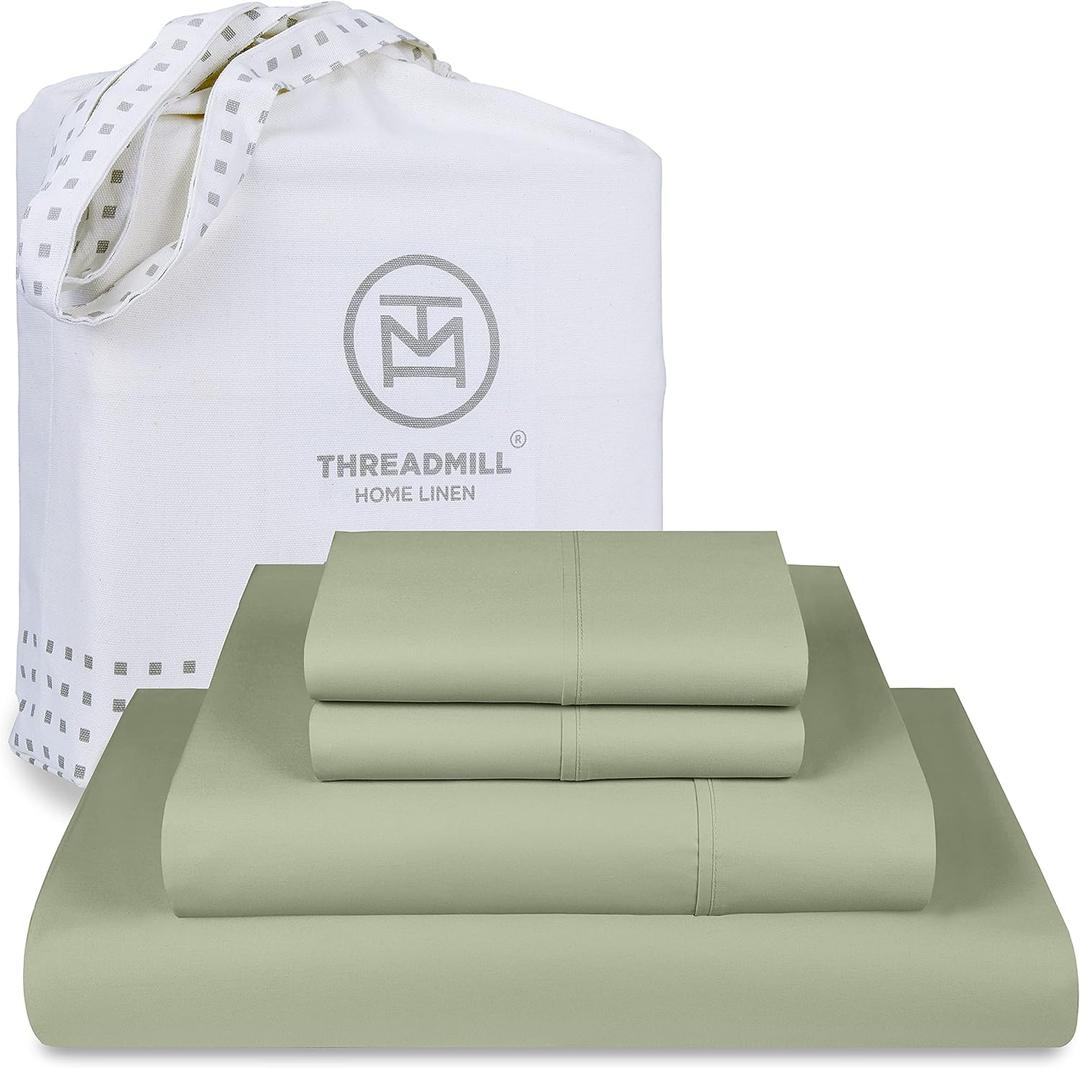Threadmill 100% Cotton Sheets for King Size Bed | 4 Pc King Bed Sheets Set | Soft, Breathable Lightweight Solid Sateen for All-Season Use | Snug Fit Elastic Deep Pocket King Sheets | Sage Green (King, Sage Green Solid)