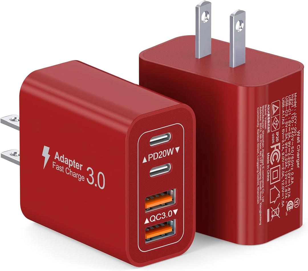 40W USB C Charger Block, 2-Pack 4-Port Type C Fast Charging Brick Dual PD&QC Wall Plug Adapter Power Brick for iPhone 13/14/15/16/17/Pro/Pro Max/Plus/iPad/Airpods/iwatch/Samsung Galaxy (Red)