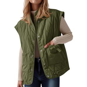 Cicy Bell Womens Puffer Quilted Vest Lightweight Stand Collar Cap Sleeve Jackets Button Down Padded Gilet Winter Outerwear (Green)