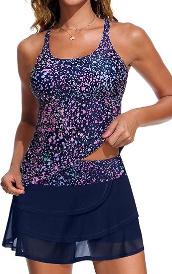 Yonique Two Piece Tankini Swimsuits for Women with Shorts Tummy Control Bathing Suits Athletic Swimwear, Starry Sky, XL